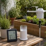 Einfache Wetterstation mit Außensensor und Regenmesser auf einer Gartenterrasse