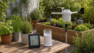 Einfache Wetterstation mit Außensensor und Regenmesser auf einer Gartenterrasse