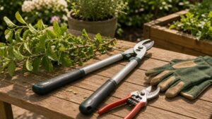 Kompakte Astschere auf einem Gartentisch neben Zweig, Handschuhen und Gartenschere