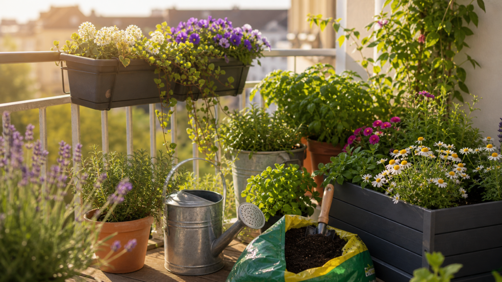 Sonniger Balkon mit robusten Pflanzen, Kräutern und Gießkanne