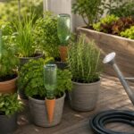 Vorbereitete Balkon- und Gartenpflanzen mit Wasserspeichern und Gießkanne im Halbschatten