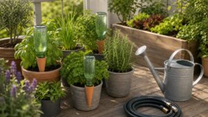Vorbereitete Balkon- und Gartenpflanzen mit Wasserspeichern und Gießkanne im Halbschatten