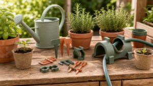 3D-gedruckte Pflanzschilder, Clips und kleine Gartenhelfer auf einem Pflanztisch