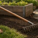 Gartenrechen liegt auf frisch gelockerter Erde neben Rasen, Hochbeet und Gartenweg