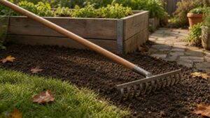 Gartenrechen liegt auf frisch gelockerter Erde neben Rasen, Hochbeet und Gartenweg