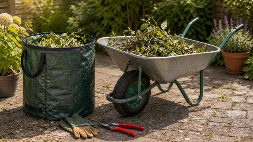 Gartensack und Schubkarre mit leichtem Schnittgut, Laub und Ästen in einem kleinen Garten