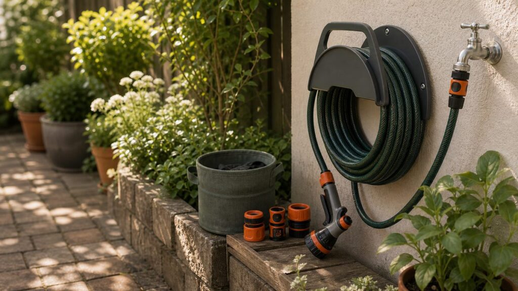 Ordentlich aufgerollter Gartenschlauch an einem Wandhalter neben Wasseranschluss und Pflanzen