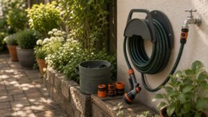 Ordentlich aufgerollter Gartenschlauch an einem Wandhalter neben Wasseranschluss und Pflanzen