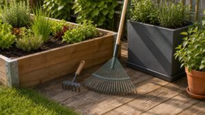 Handrechen und großer Gartenrechen neben Hochbeet, Balkonpflanzen und kleiner Rasenfläche
