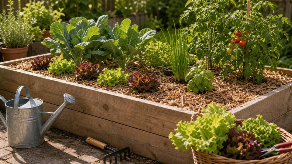 Sommerliches Hochbeet mit Mulch, Gießkanne, Handrechen und geerntetem Salat