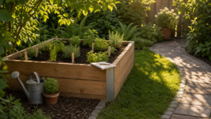 Kleines Hochbeet im Garten mit sonnigen und schattigen Bereichen