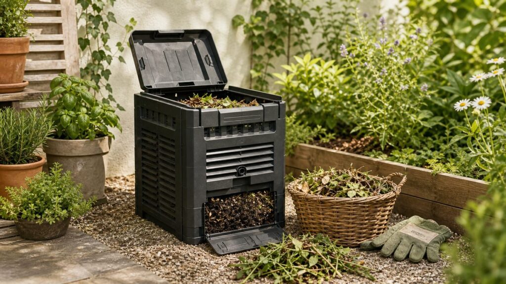 Kompakter Kompostbehälter in einem kleinen Garten mit Laub, Handschuhen und Pflanzen