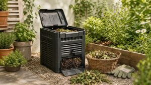 Kompakter Kompostbehälter in einem kleinen Garten mit Laub, Handschuhen und Pflanzen
