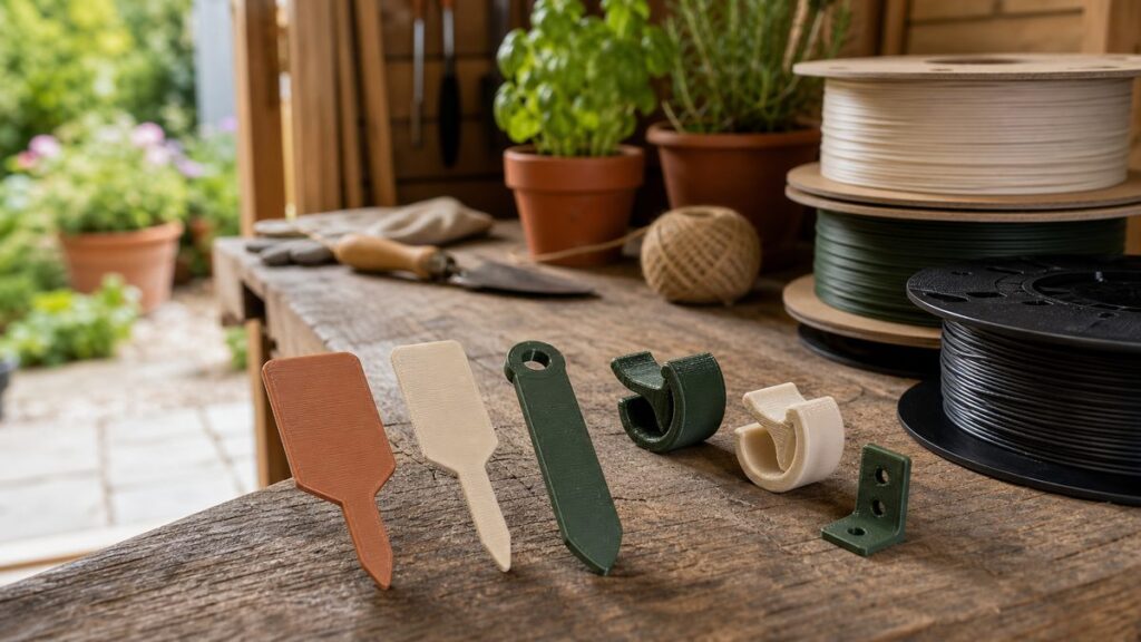 3D-gedruckte Materialproben und Filamentrollen auf einem Gartentisch mit Pflanzen im Hintergrund