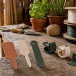 3D-gedruckte Materialproben und Filamentrollen auf einem Gartentisch mit Pflanzen im Hintergrund