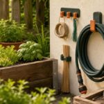 3D-gedruckte Gartenclips und Halter neben Gartenschlauch, Hochbeet und Werkzeugen