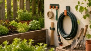 3D-gedruckte Gartenclips und Halter neben Gartenschlauch, Hochbeet und Werkzeugen