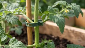 Tomatenstängel mit lockerem Pflanzenclip an einem Holzstab befestigt