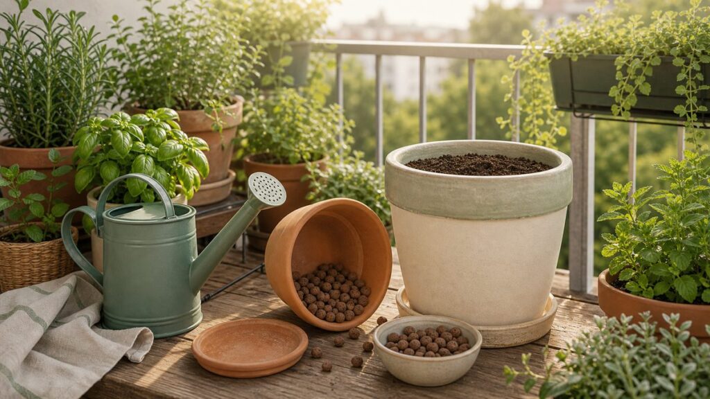 Pflanzkübel auf einem Balkon mit Drainagematerial, Gießkanne und Kräutern