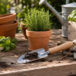 Pflanzschaufel mit Holzgriff liegt neben Kräutertöpfen, Erde und Gartenhandschuhen auf einem Pflanztisch