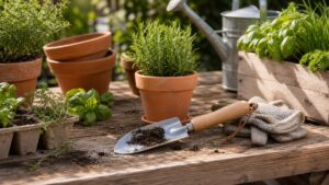Pflanzschaufel mit Holzgriff liegt neben Kräutertöpfen, Erde und Gartenhandschuhen auf einem Pflanztisch