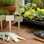 3D-gedruckte Pflanzschilder neben Kräutern und Jungpflanzen auf einem Pflanztisch
