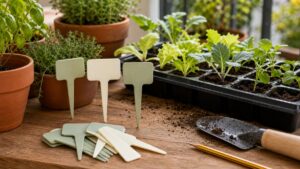 3D-gedruckte Pflanzschilder neben Kräutern und Jungpflanzen auf einem Pflanztisch