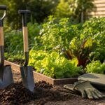 Spaten und Gartenschaufel stehen neben Kompost, Erde, Handschuhen und Kniekissen im Gemüsebeet