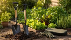 Spaten und Gartenschaufel stehen neben Kompost, Erde, Handschuhen und Kniekissen im Gemüsebeet