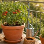 Tomatenpflanze mit Früchten in großem Terrakotta-Kübel auf sonnigem Balkon
