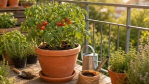 Tomatenpflanze mit Früchten in großem Terrakotta-Kübel auf sonnigem Balkon