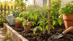 Junge Tomatenpflanzen im Beet mit Pflanzschaufel, Gießkanne und sonnigem Gartenhintergrund