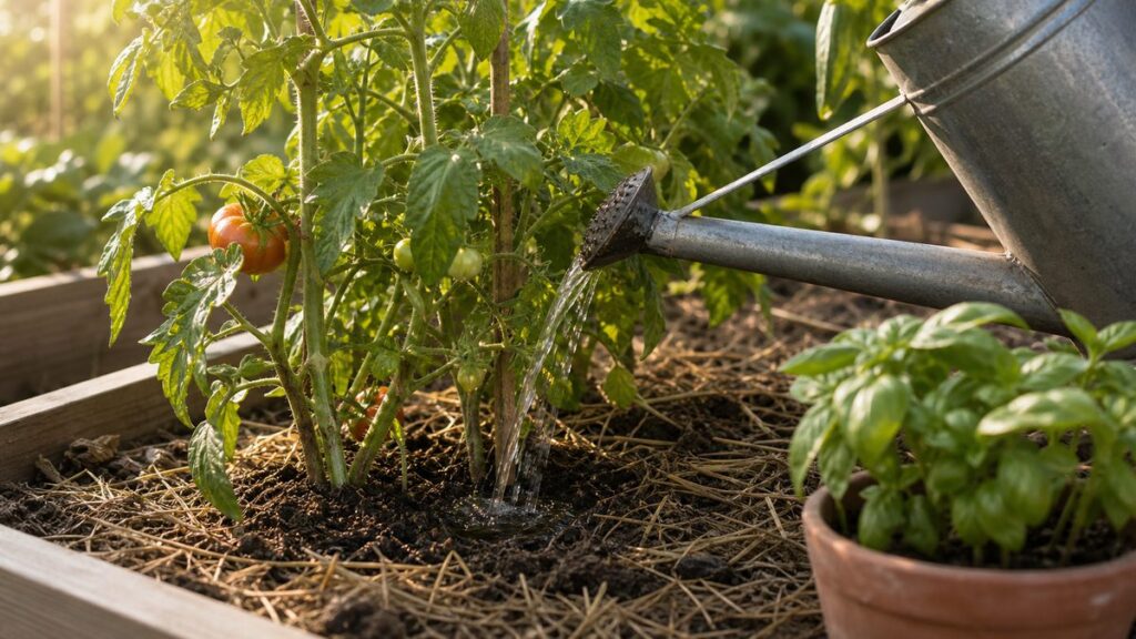 Tomatenpflanzen werden mit einer Gießkanne direkt am Wurzelbereich gegossen