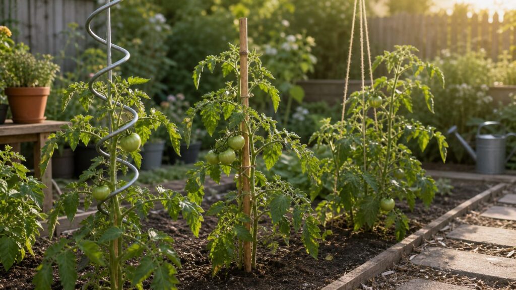 Tomatenpflanzen mit Spiralstab, Holzstab und Schnur als Rankhilfe im Beet