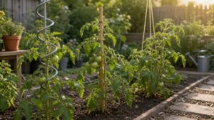 Tomatenpflanzen mit Spiralstab, Holzstab und Schnur als Rankhilfe im Beet