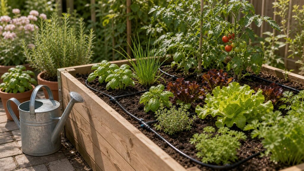Tropfbewässerung in einem Hochbeet mit Gemüse, Kräutern und Gießkanne