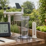 Kleine Wetterstation und Regenmesser auf einem Gartentisch neben Kräutern und Hochbeet