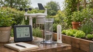 Kleine Wetterstation und Regenmesser auf einem Gartentisch neben Kräutern und Hochbeet