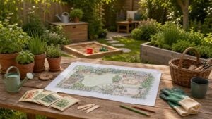 Gartenplanung für Familien mit Gartenplan, kleinen Gartenhandschuhen, Gießkanne, Kräutern und Blick in den Garten