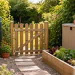 Kindgerechter Garten mit geschlossenem Holztor, Regentonne, Hochbeet und aufgeräumter Werkzeugbox