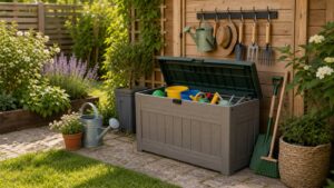 Wetterfeste Aufbewahrungsbox mit Kinder-Gartenwerkzeug, Gießkanne, Ball und Sandspielzeug im Garten