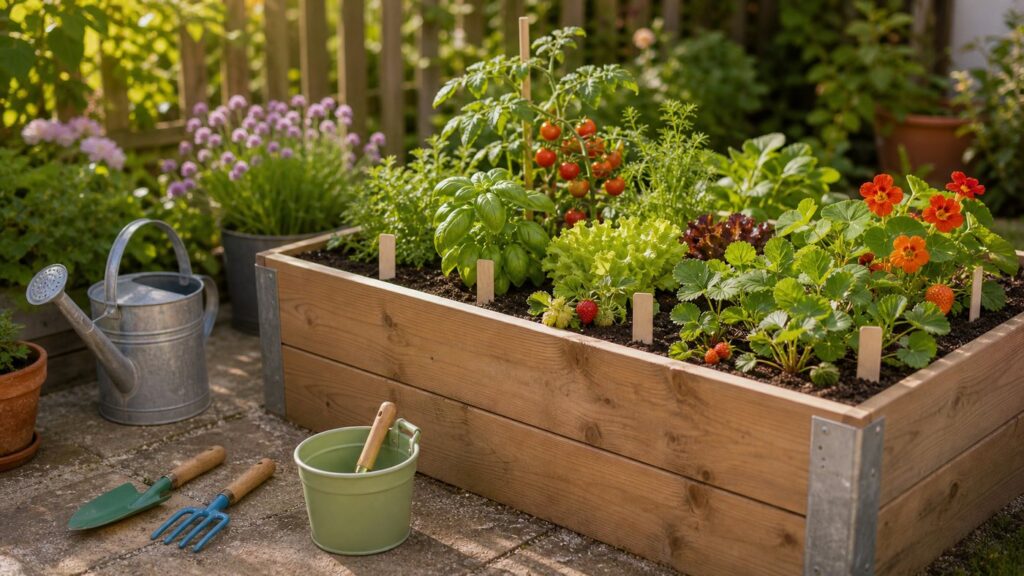 Kleines Kinderbeet mit Erdbeeren, Kräutern, Tomatenpflanze, Pflanzschildern und kleinen Gartenwerkzeugen