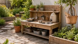 Einfache Matschküche im Garten mit Holzbank, Schüsseln, Kräutertöpfen und gut reinigbarem Untergrund