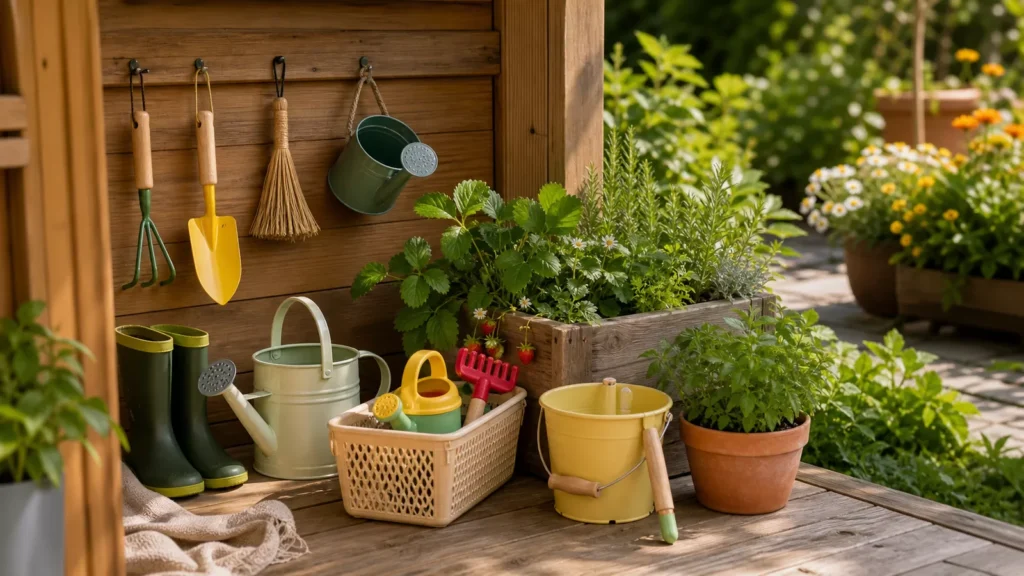 Aufgeräumte Kindergartengeräte, Gießkanne, Stiefel und Pflanzkasten in einer Gartenecke