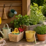 Aufgeräumte Kindergartengeräte, Gießkanne, Stiefel und Pflanzkasten in einer Gartenecke