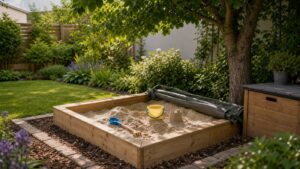 Sandkasten im Garten mit Abdeckung, Schattenplatz, Pflanzen und Aufbewahrungsbox
