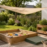 Sandkasten mit Sonnensegel, Pflanzkästen und Gießkanne in einem familienfreundlichen Garten