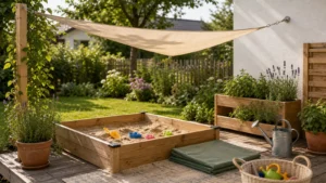 Sandkasten mit Sonnensegel, Pflanzkästen und Gießkanne in einem familienfreundlichen Garten