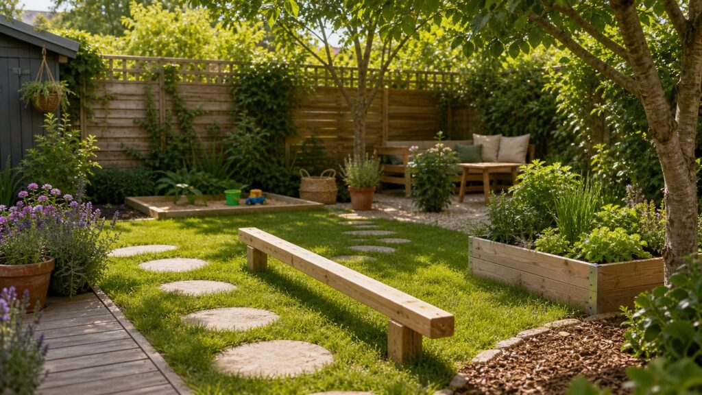 Niedriger Spielbereich im Garten mit Rasen, Balancierbalken, Trittsteinen, Schattenplatz und Pflanzen