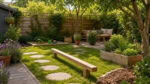 Niedriger Spielbereich im Garten mit Rasen, Balancierbalken, Trittsteinen, Schattenplatz und Pflanzen